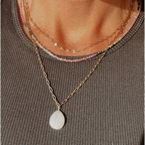 Rainbow Moonstone Pendant Necklace on Gold Paperclip Chain Waterproof Jewelry - Picture 9 of 9